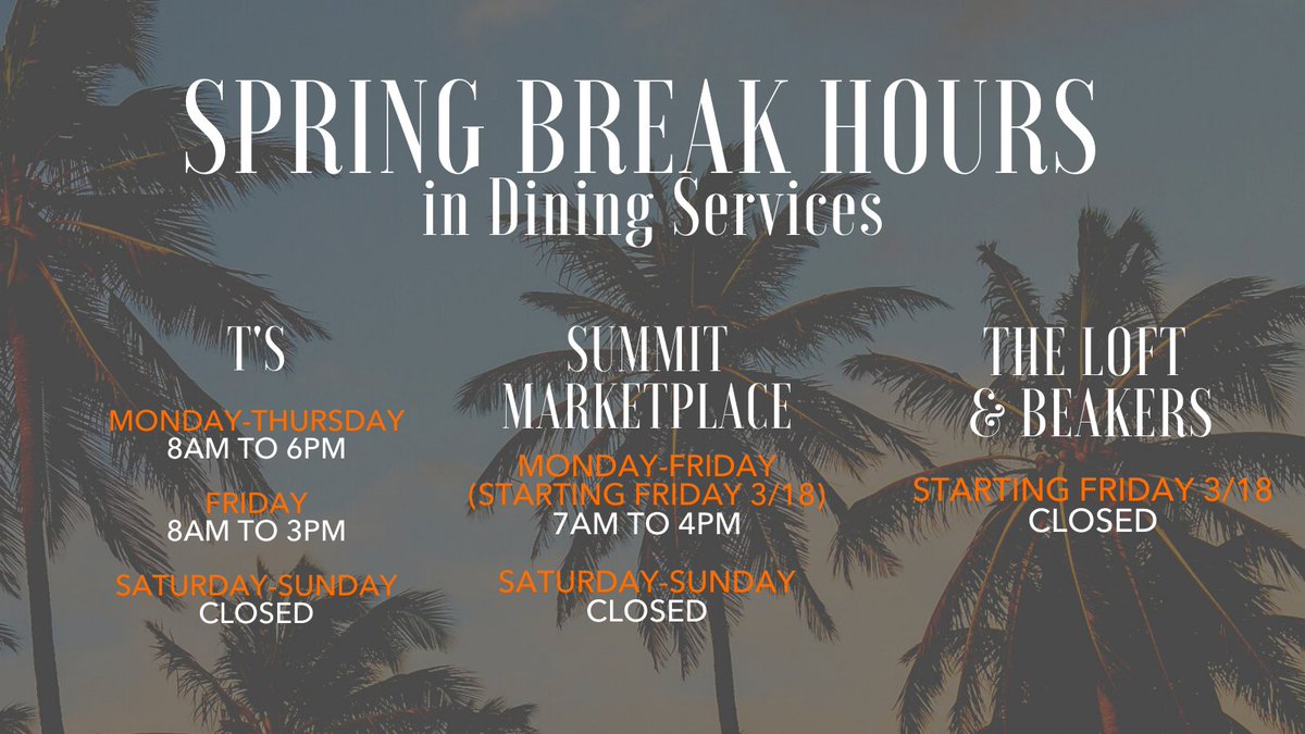 Staying on campus during spring break? Here's the schedule for dining locations on campus over the break.