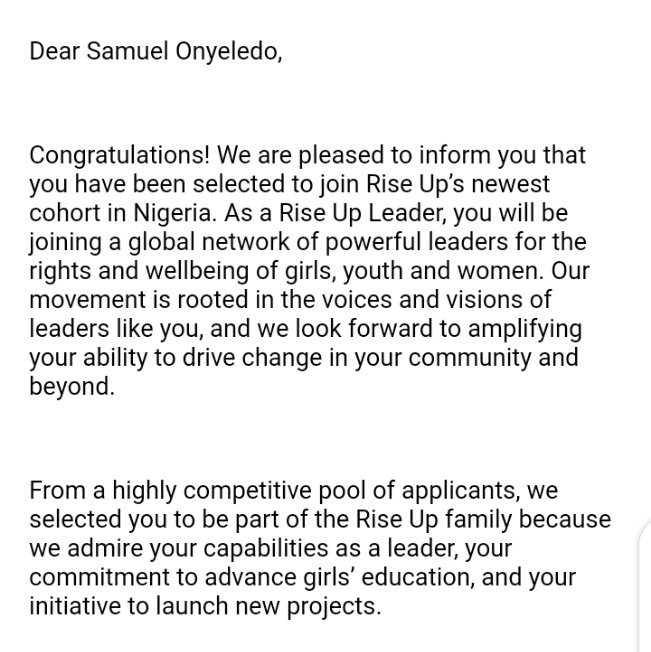 Nonisam's tweet photo. I'll be joining an amazing network of over 700 Rise up leaders around the world, having being selected to join @riseupforgirls Nigeria newest cohort. This is an excellent opportunity for me to lead @bookaclan to discover new frontiers in the area of advocacy. 💪🏿 https://t.co/koMp0Yqr4V