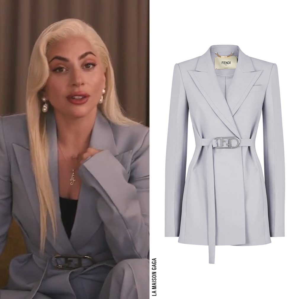 lamaisongaga_'s tweet photo. For #BeThereCertificate, Lady Gaga wore a @Fendi Spring/Summer 2022 lavender cady suit with logo belt, #SophieBuhai "Essential" baroque pearl earrings and a custom @EdwardAvedis "LG" diamond necklace. https://t.co/3lGKj1Eopz