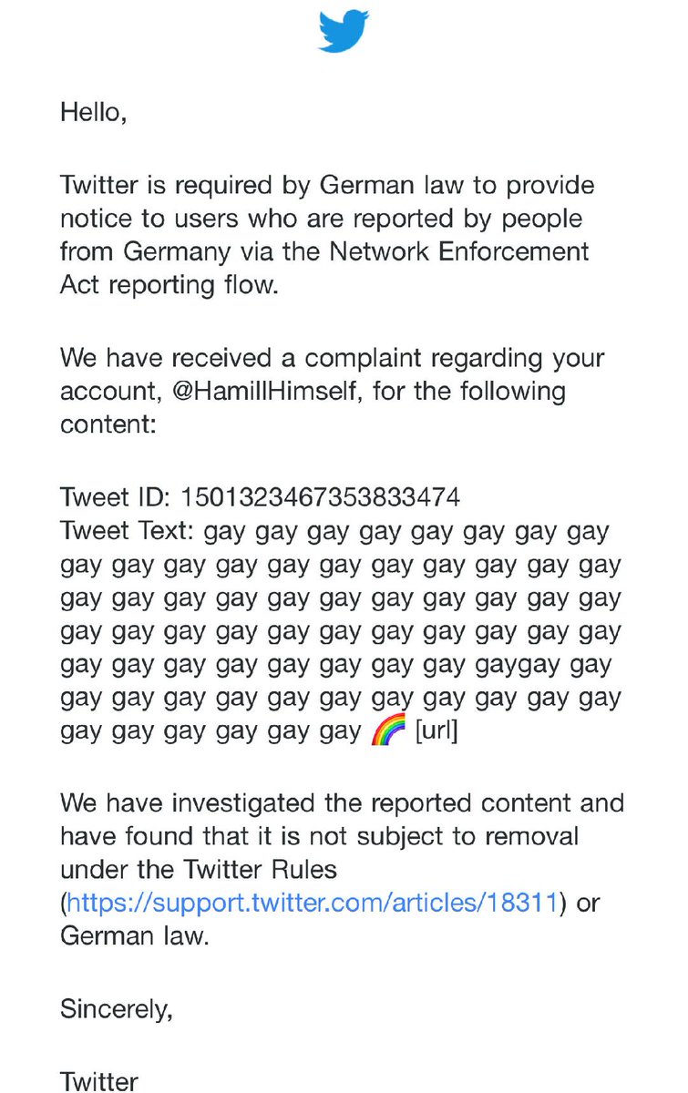 MarkHamill's tweet image. Thanks for informing me of the complaint from the German people- I had no intention of violating the Network Enforcement Act & am relieved to learn that tweeting the word "gay" 69 times with a rainbow emoji is NOT subject to removal under the @Twitter rules or German law ❤️-mh