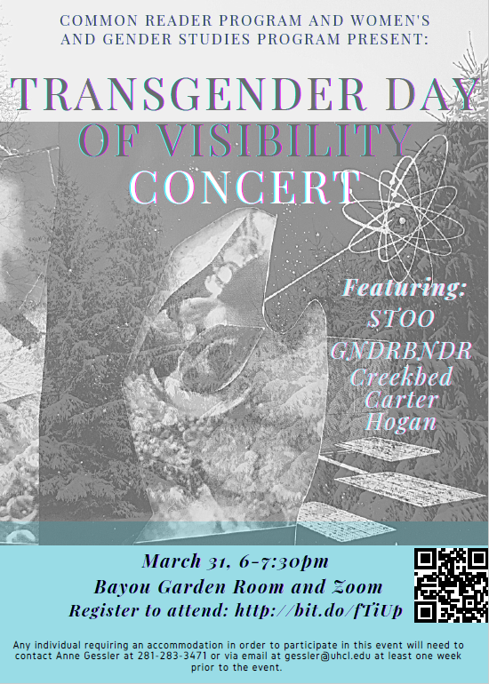 Hawks, we're thrilled to announce a special event commemorating #TransDayofVisibility on Thur, Mar 31 from 6-7:30PM. In partnership with Women’s &amp; Gender Studies, we are hosting a concert featuring <a href="/GNDRBNDRMUSIC/">GNDRBNDR</a>, @stooizm, &amp; Creekbed Carter Hogan! RSVP: bit.do/fTiUp🏳️‍⚧️