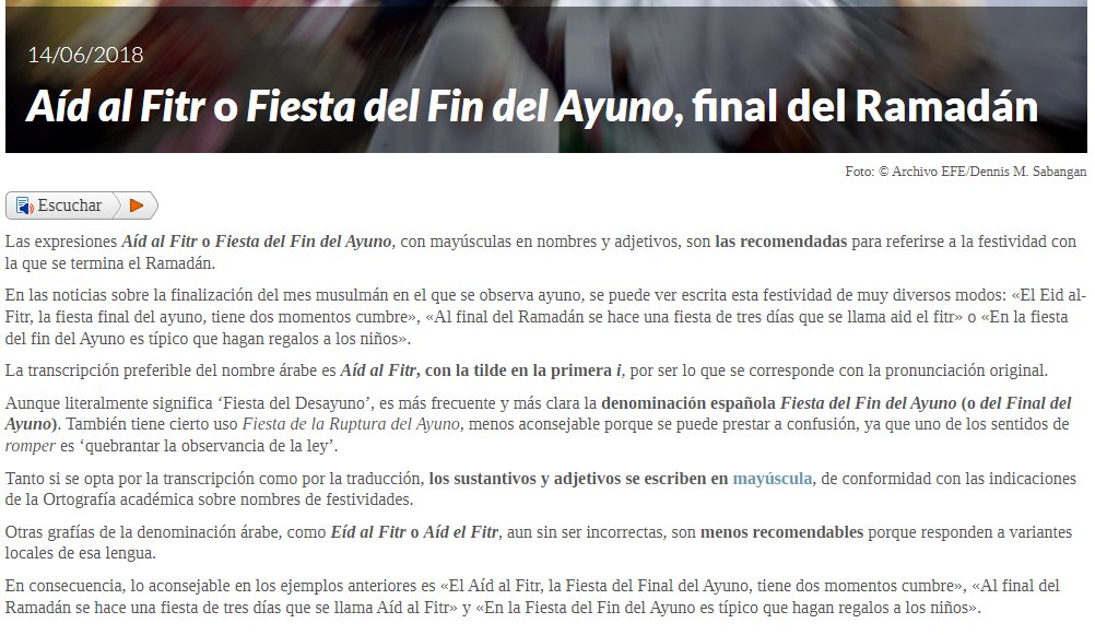 dbg974's tweet photo. Buenas tardes, @Fundeu Me surge una duda respecto a «Eid al-Ada» y «Aíd al Fitr», dos festividadaes musulmanas. ¿No debería ser «Eid» o «Aíd» para ambas, ya que significa lo mismo en árabe? Adjunto imágenes donde recomendáis estas escrituras. ¡Muchas gracias de antemano!😊 https://t.co/tn543R7xvM