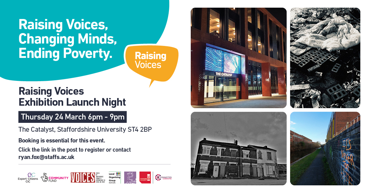 HardshipStoke's tweet photo. We're pleased to announce our #RaisingVoices Exhibition Launch Night at @StaffsUni 

This is an opportunity to see the creative things from the project but also take part in a community consultation about what change can be made in the city

Book here- https://t.co/jIKziXTeHN https://t.co/UzpYHZAOAd