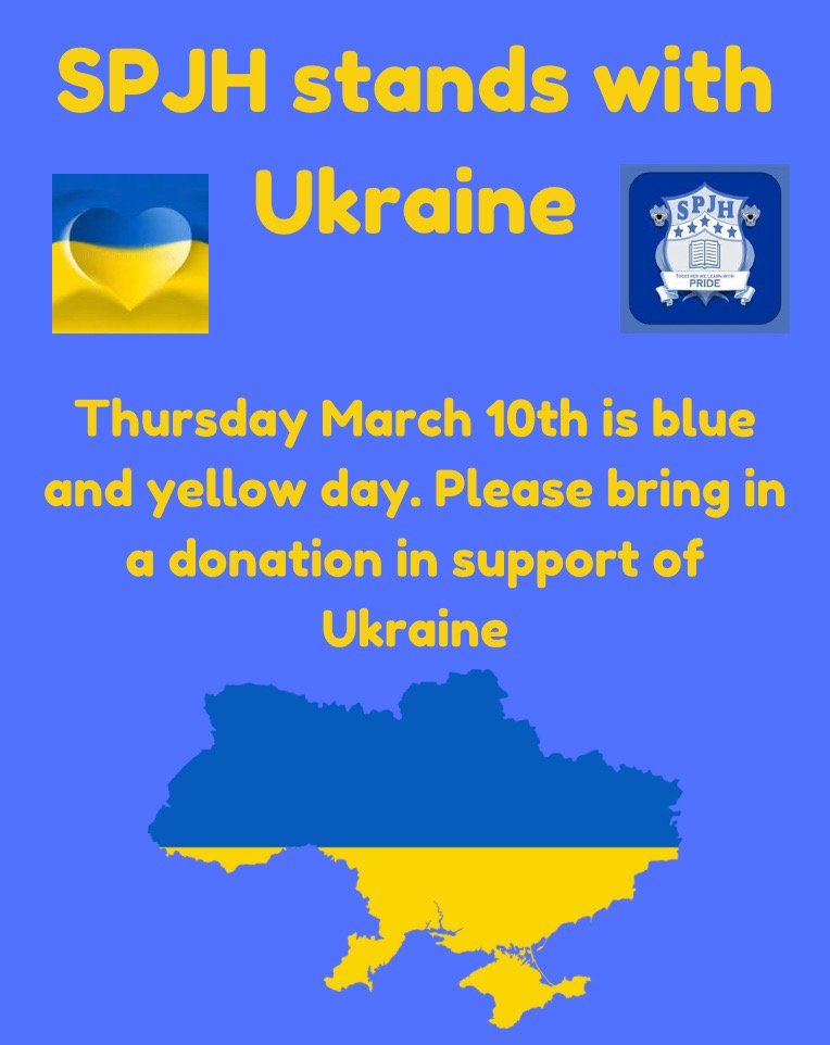 Tomorrow remember to wear Blue and Yellow and to bring in a donation to help   support the emergency relief efforts for the people of Ukraine. <a href="/SPJHPythons/">SPJH</a>