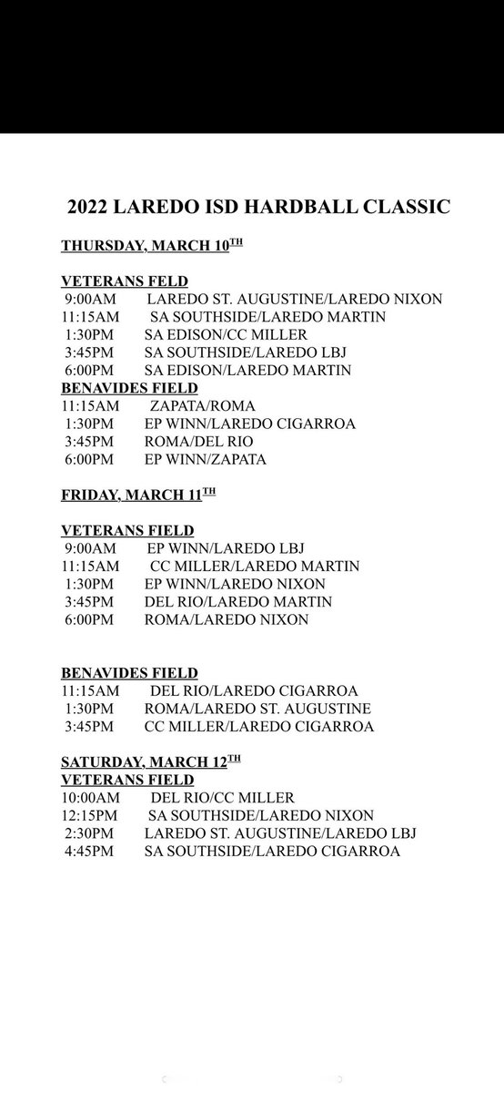 Cardinal baseball is back in action again this weekend in Laredo! Here is the schedule. <a href="/baller_luke1/">Luke</a> <a href="/trr3yy/">Trey Gonzalez</a> <a href="/aidengarcia__/">Aiden Garcia</a> @LopezOliver03 <a href="/AaronAb07006732/">Aaron_Abrego</a> @Eddie_villazana <a href="/Rynobsb15/">Ryno</a> <a href="/jake_montoya124/">Jake</a> <a href="/Evan22_30/">Evan Fernandez</a>