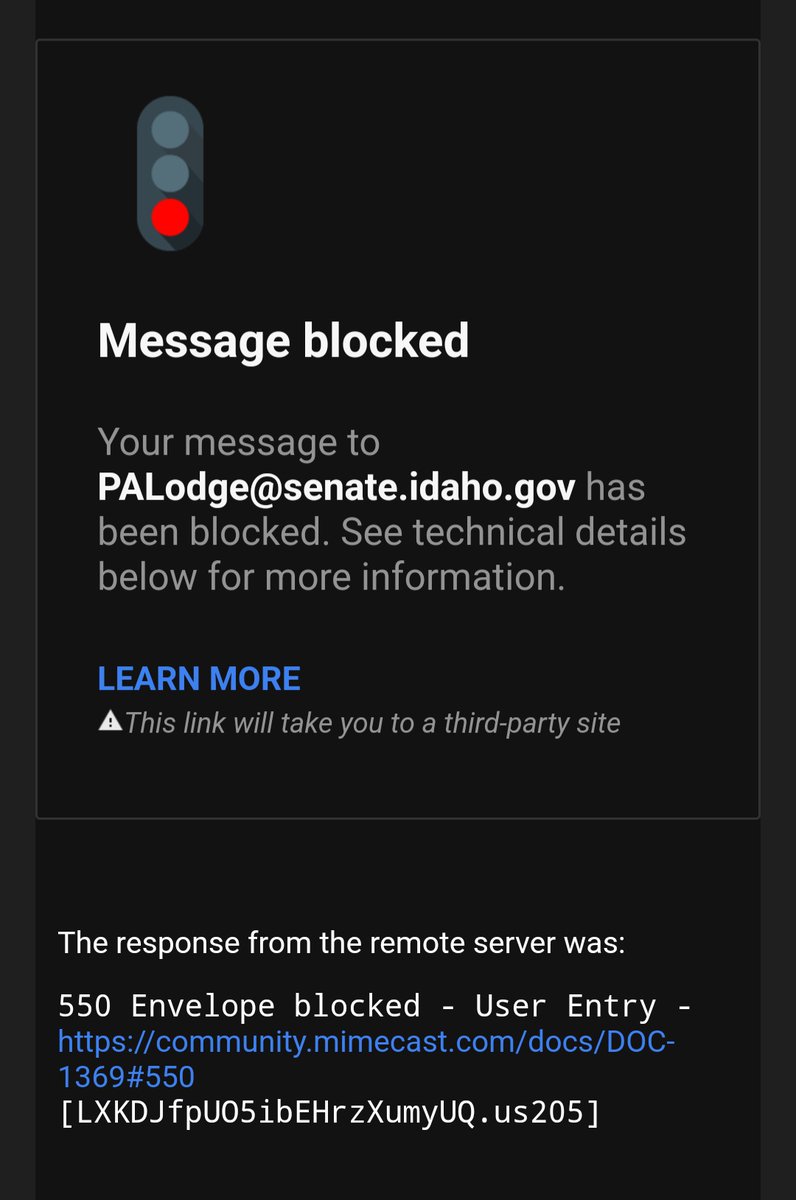 compostablechub's tweet photo. I just tried to email the Senate State Affairs committee about #HB675 and got this error message from Patti Anne Lodge's email address. Apparently she's blocking email addresses now? Keeping it classy #idleg. #idpol https://t.co/RtRn5WJamS