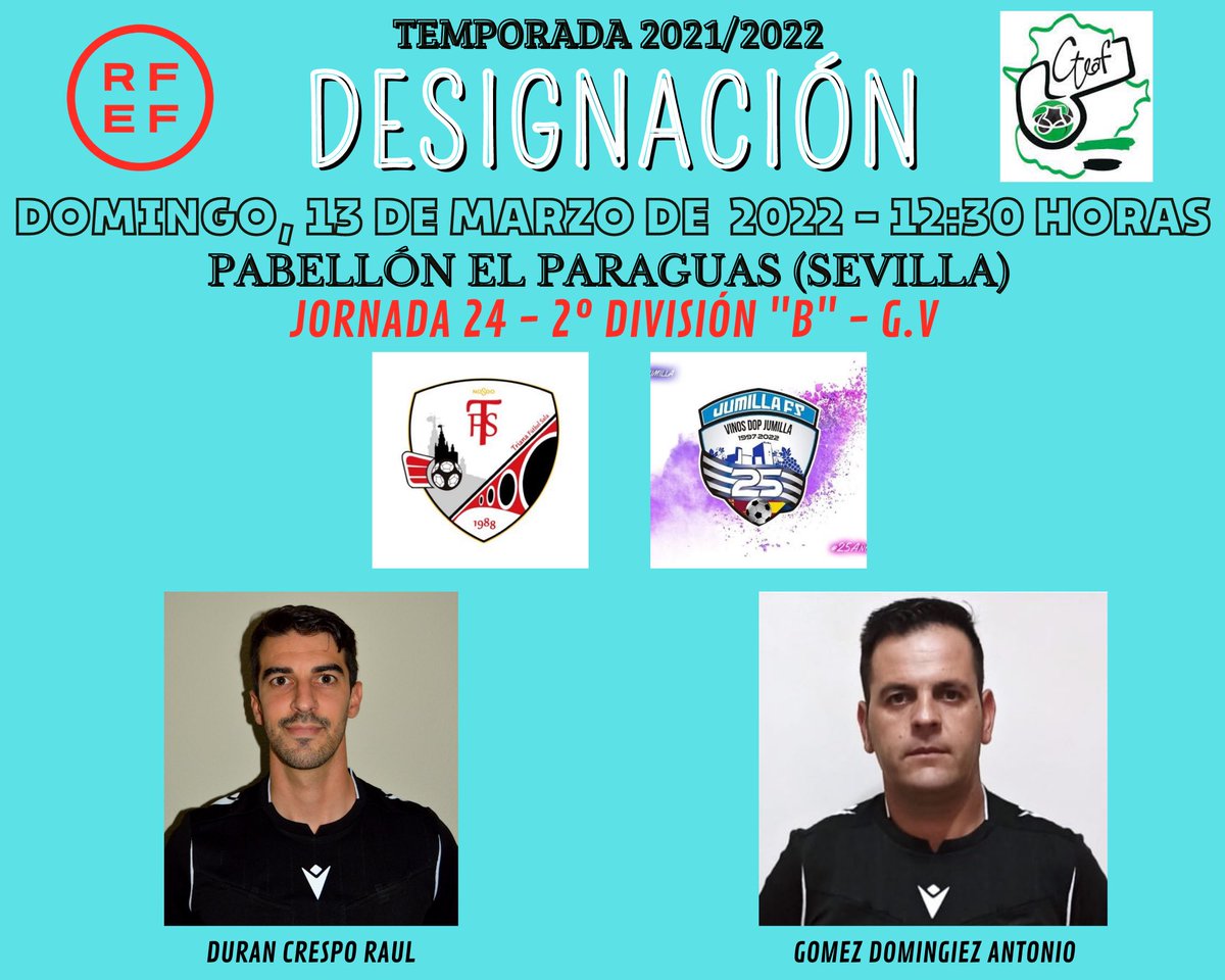 ArbitrosFSExt's tweet photo. 🚀 SEGUNDA DIVISIÓN “B” 🚀

@TrianaFS - @JumillaFS 

📆 13/03/2022
⏰ 12:30
🏟 PABELLÓN EL PARAGUAS
📍 SEVILLA

👨🏽‍⚖️ DURÁN CRESPO 
👨🏽‍⚖️ GÓMEZ DOMÍNGUEZ https://t.co/08i2hAeLr5