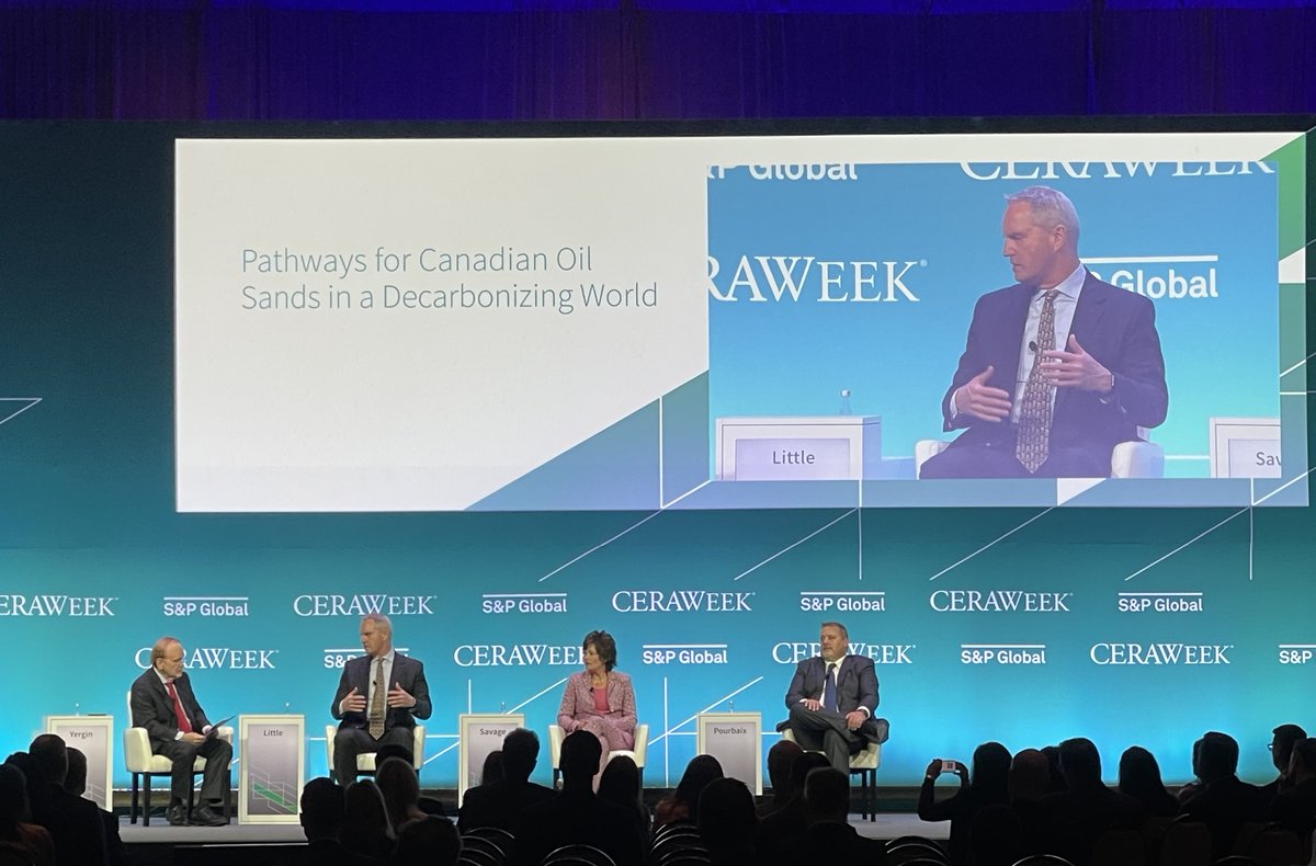 CERAWeek's tweet photo. Mark Little, President &amp; CEO, Suncor Energy, Alex Pourbaix, President &amp; CEO, Cenovus, &amp; Hon. Sonya Savage, Minister of Energy, MLA for Calgary-North-West of Government of Alberta join @DanielYergin at #CERAWeek to discuss Pathways for Canadian Oil Sands in a Decarbonizing World. https://t.co/EdHPl5yZZP