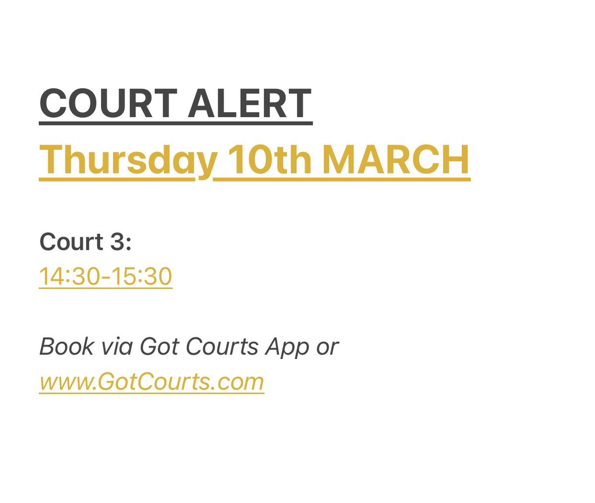 windsorlawn's tweet photo. COURT ALERT 🎾 14:30-15:30 Thursday, 10th March #wltc https://t.co/fKCwlJmTB8