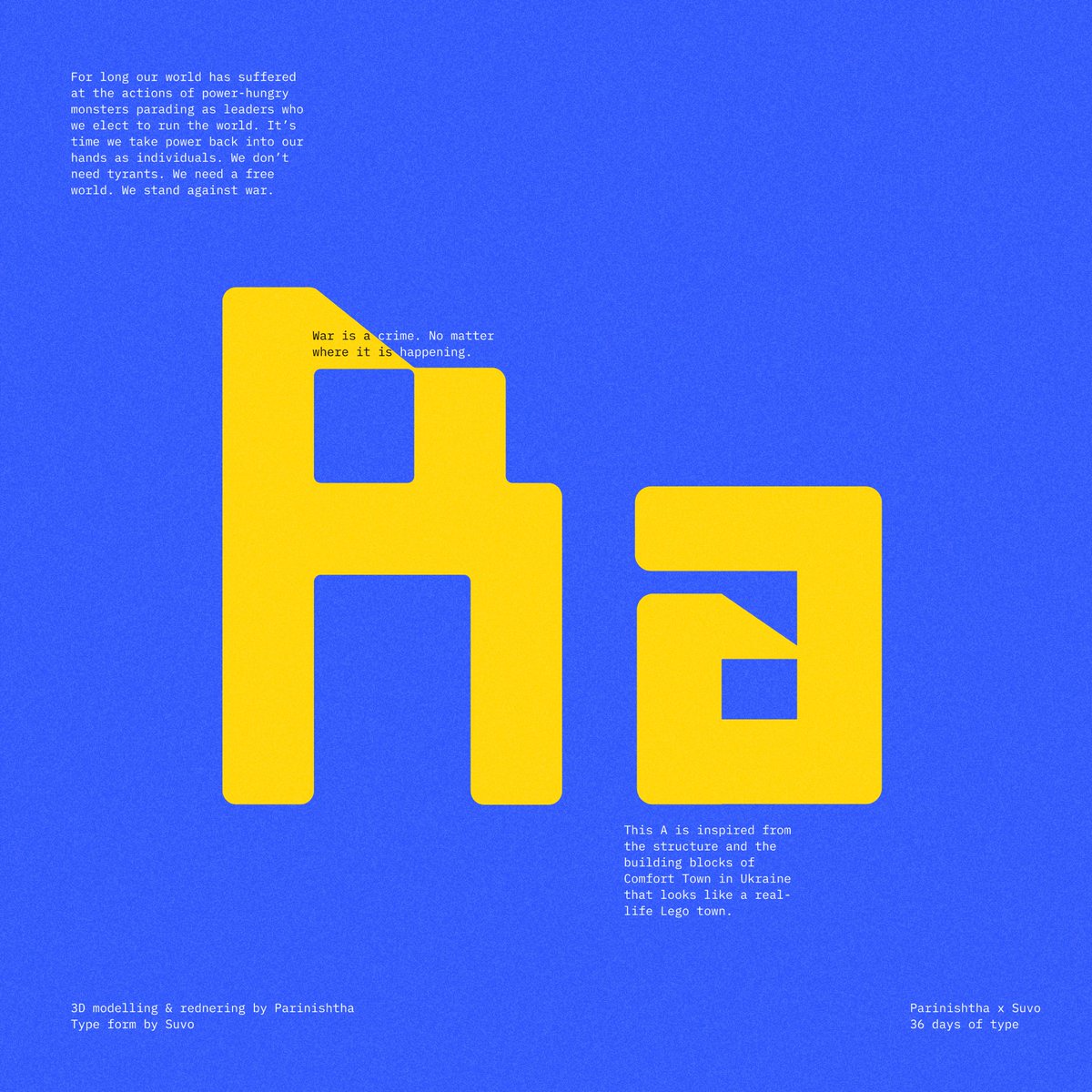 ParinishthaY's tweet photo. Kicking off @36daysoftype, inspired by the structure and building blocks of Comfort town in Ukraine, that looks like a real life Lego town. Referencing the Ukrainian flag colours to show support 🇺🇦 🇺🇦

Type design by @suvojyotiroy 
3D modelling by @ParinishthaY https://t.co/1zqpiQoIeL