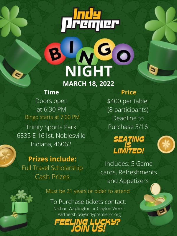 IndyPremierSC's tweet photo. Join us Friday, March 18 at Trinity Sports Park for our first ever Bingo Night Fundraiser! $400/table for 8 participants and email partnerships@indypremiersc.org to purchase. *Must be over 21 to participate* #bingo #checkyourcard #funfridays https://t.co/z2W0QYSGaC