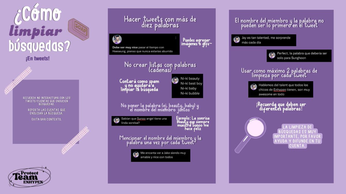 PROTECTENHYPEN_'s tweet photo. [🗑🧽🧼] GUÍA PARA LA LIMPIEZA DE BÚSQUEDAS. 
Decidimos elaborar una guía con algunos consejos a la hora de limpiar búsquedas para hacerlo de la manera correcta.

@ENHYPEN_members https://t.co/ptBgPMRuGe
