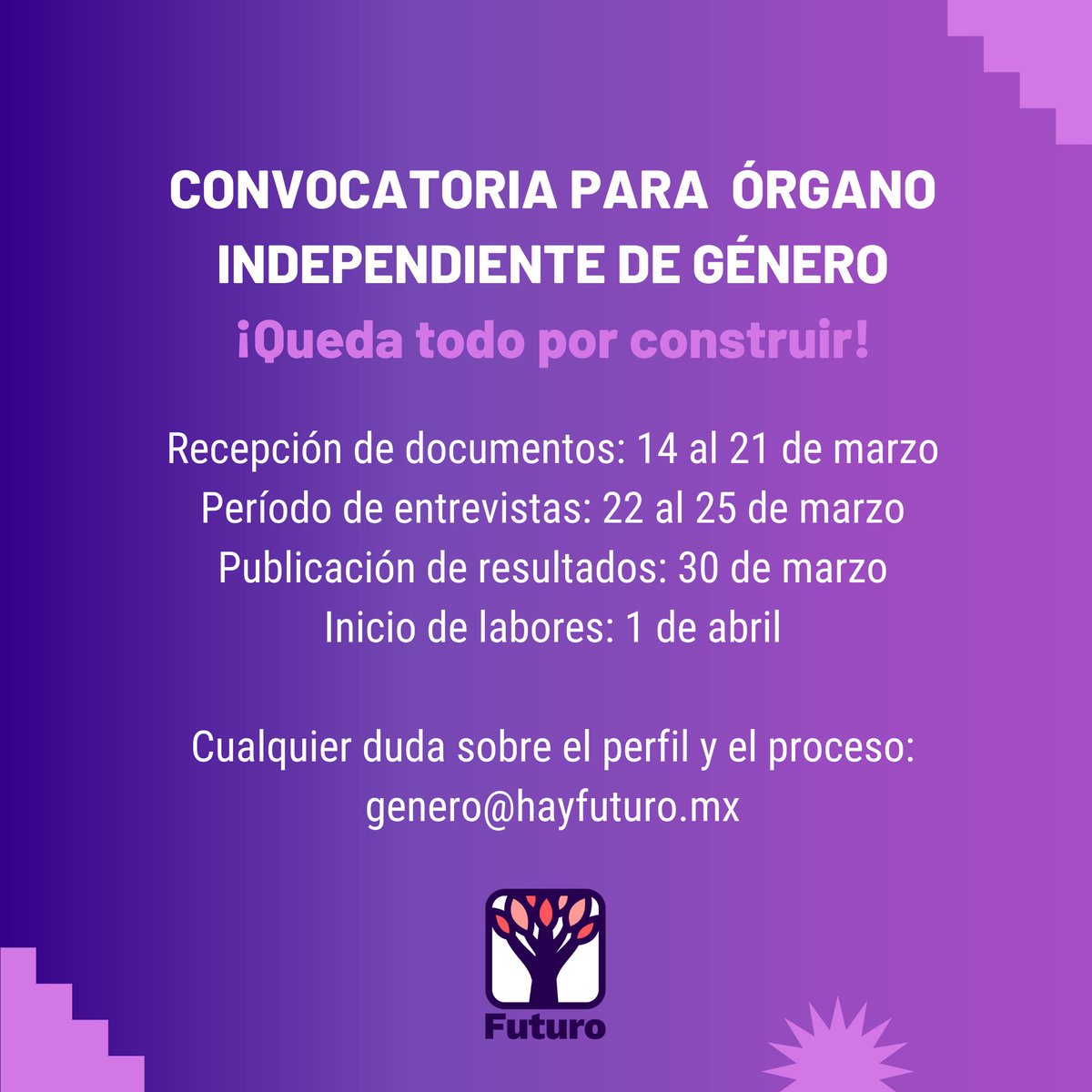 FuturoJal's tweet photo. ¡Es momento de ocupar nuestro Futuro! 🌳

Les invitamos a revisar, participar en y compartir nuestra convocatoria para el Órgano Independiente de Género (OIG) del partido. 

Link con la información sobre el proceso y el perfil👇🏽: 
https://t.co/yn36Dm3WVu https://t.co/vFHAqXfi55