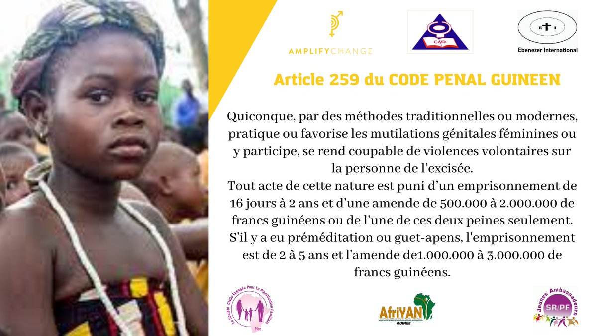 jasrpfguinee's tweet photo. Quiconque pratique ou favorise les mutilations génitales féminines ou y participe est Coupable...
#HalteVBG
#AmplifyChange https://t.co/AAIq1Tuw2G
