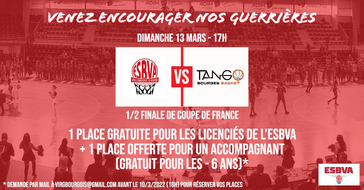 ESBVA's tweet photo. 1 place licencié + 1 place accompagnant = 2 places gratuites pour soutenir les #Guerrières @ESBVALM 📍1/2 finale coupe de France - Dimanche 13mars - 17h 💪🏼🏀 https://t.co/RSIAxJvQEv