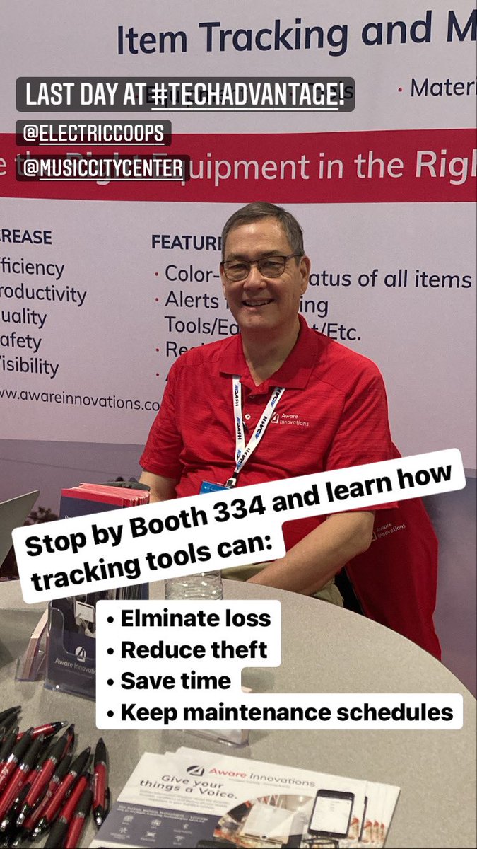 awareapps's tweet photo. Last day at @NRECANews’ #TechAdvantage! Stop by Booth 334 and learn how #tooltracking can save you time and money by eliminating loss, reducing theft, increasing efficiency and maintaining maintenance schedules. @ChuckEvanhoe https://t.co/EwEhnCSOek