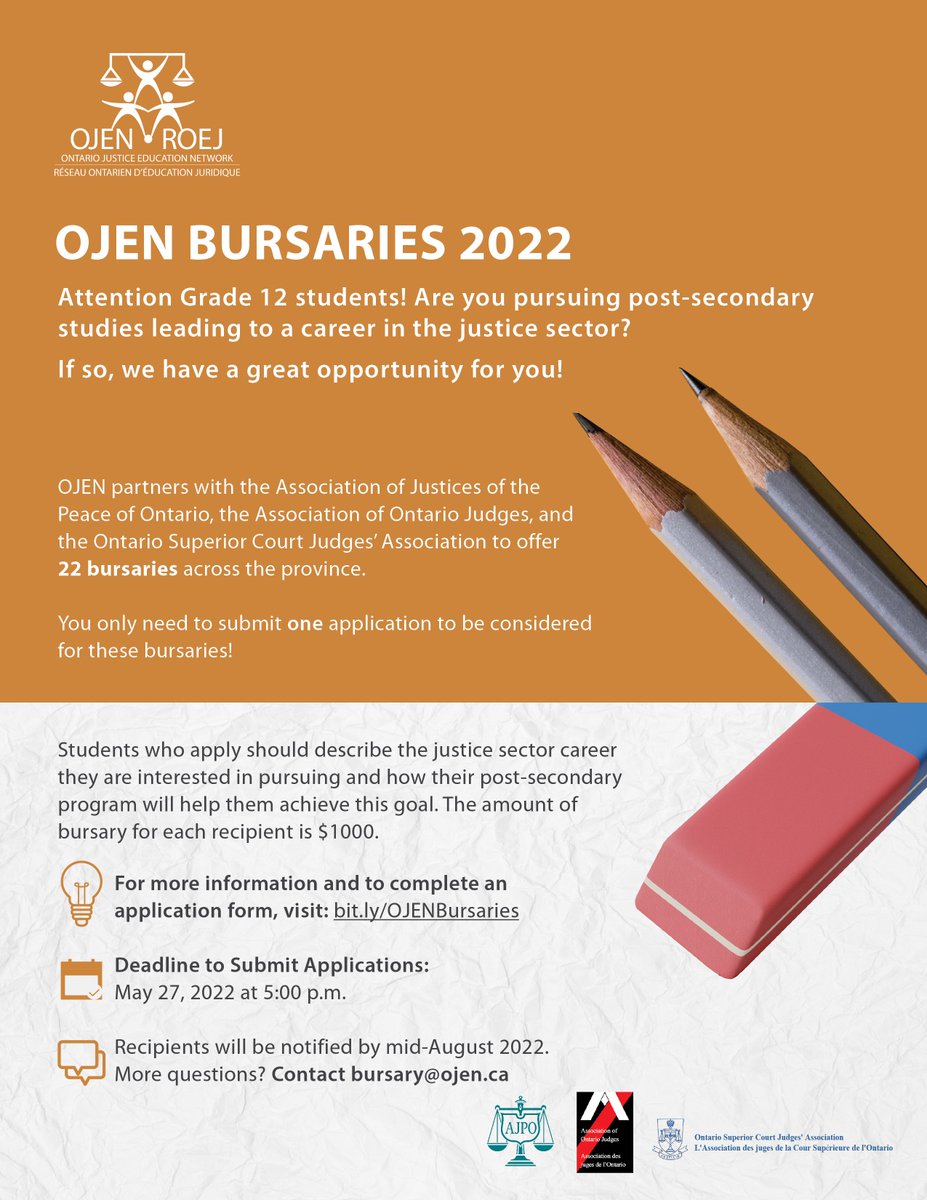 OJEN_ROEJ's tweet photo. The OJEN annual bursary program is now open! 22 bursaries will be awarded to grade 12 students in Ontario. If your student will be attending post-secondary programs that lead towards a career in the justice sector, encourage them to apply for a bursary: https://t.co/XFu719rvNP https://t.co/gY2sbortiP