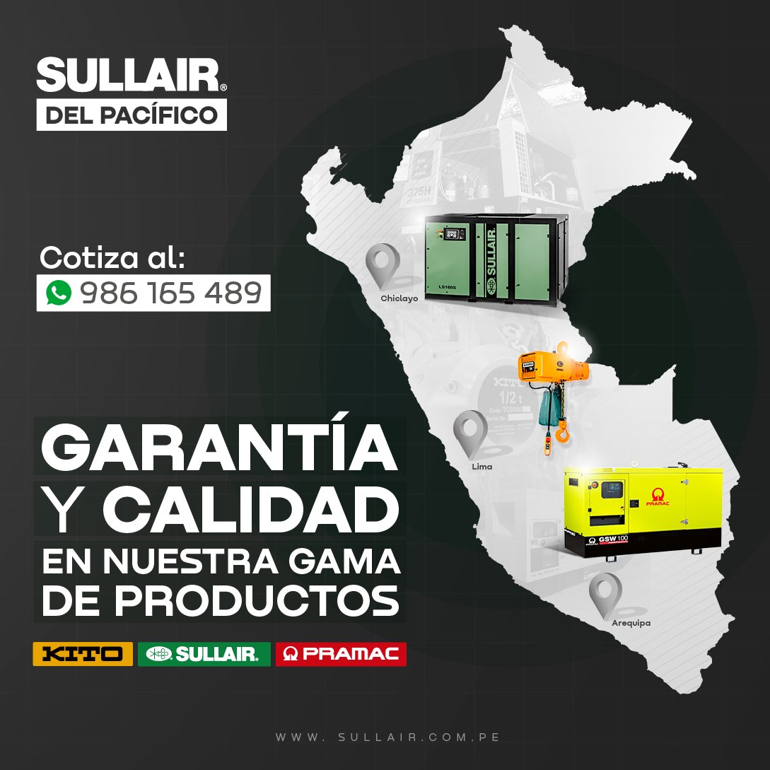 SullairPeru's tweet photo. ¿Estás buscando equipos para tus proyectos?

😎 Encuentra todo lo que necesitas en nuestra linea de Compresores Portátiles y Estacionarias, Grupos Electrógenos y Tecles de Izaje. 

▶Cotiza con nosotros por Whatsapp: https://t.co/8rPFODdQEZ

#Sullair #SullairDelPacifico #Equipos https://t.co/8dWO37oQ3u