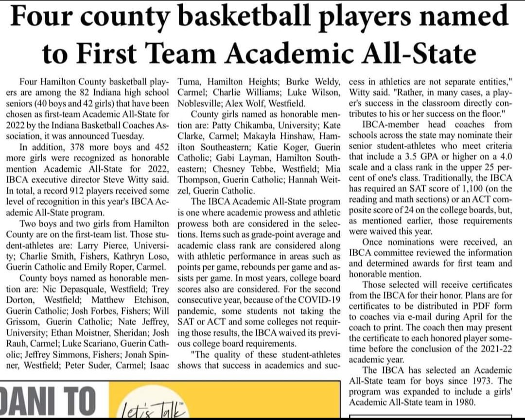 Congratulations to our very own Blackhawk <a href="/EthanMoistner22/">Ethan Moistner</a> on being named as an honorable mention for Academic All-State.  Great job Ethan!