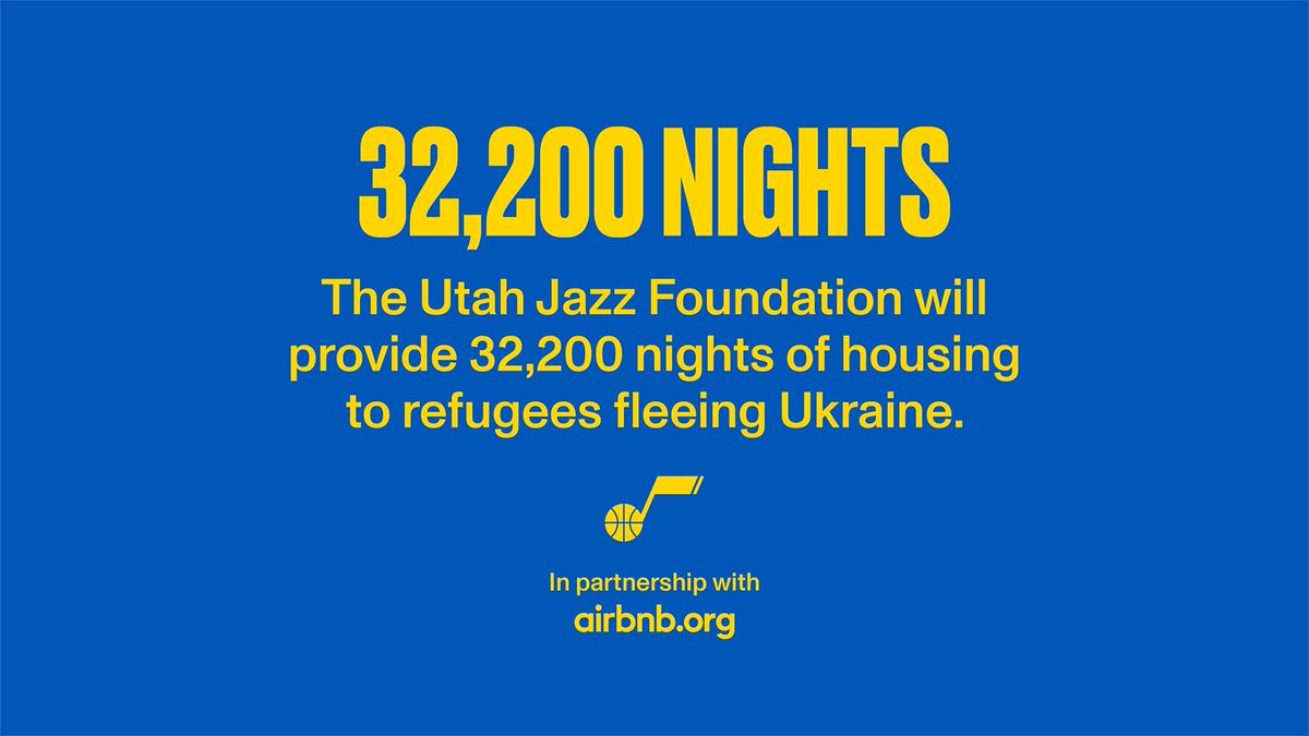 utahjazz's tweet photo. The Utah Jazz Foundation and https://t.co/PHsZ3zl4dB are partnering to provide over 32,200 nights of housing for refugees fleeing Ukraine, nearly double the capacity of our arena 💙💛

#StandWithUkraine 
https://t.co/s7MTBofviV https://t.co/bJ5yn2d4EB
