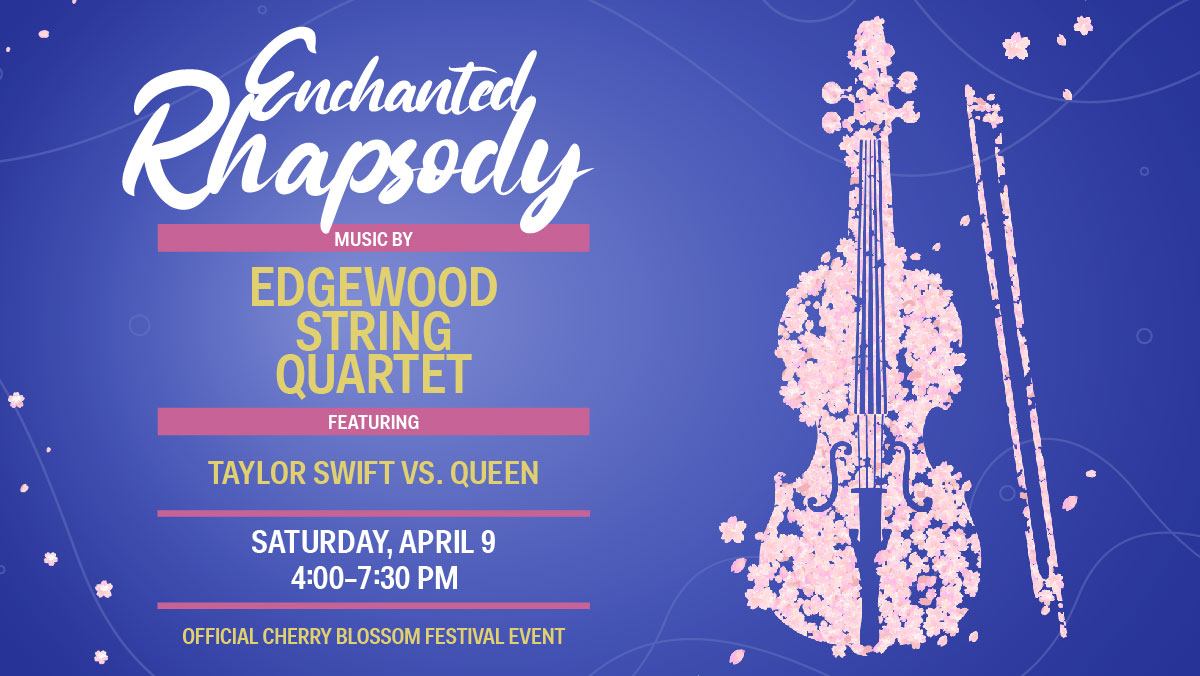 NationalLanding's tweet photo. We are so excited to announce our official @CherryBlossFest event - Enchanted Rhapsody! 🌸 ✨ 🎻  On Saturday, April 9, don’t miss Edgewood String Quartet perform songs by Taylor Swift and Queen to celebrate the beauty of the cherry blossoms. 

Register: https://t.co/QLMOjjrbJo https://t.co/wRKSaEGSFm