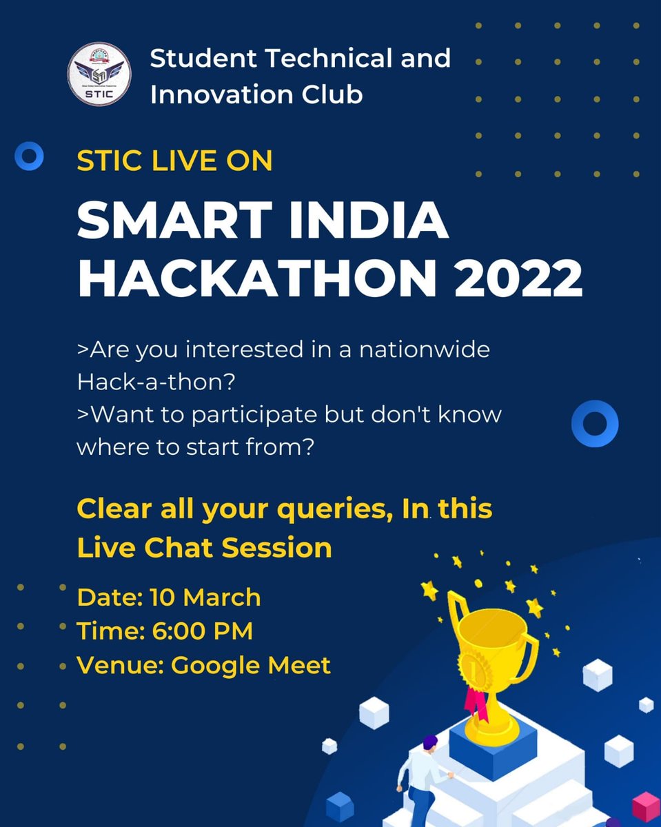 STIC_Medicaps's tweet photo. STIC presents a chat session on  #SmartIndiaHackathon2022,🧑‍💻
-> Clear all your queries
-> Know about perks of hackathon
-> Upskill your resume
And much more
So join us on 10th March,2022 at 6:00pm
Link: https://t.co/3lzqVlaWFc
#sih2022  
 #studenttechnicalandinnobationclub https://t.co/bduARSoD0F