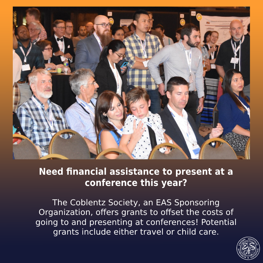 EASorg's tweet photo. Did you know The Coblentz Society offers grants to attend conferences like #EAS2022?

More info: https://t.co/SJuvjb1kJ1

#DiversitEAS #SustainabilitEAS #EASp3 #serEASscience  #conference #chemistry #analytical #science #AnalyticalScience #AnalyticalChemistry  #explorepage https://t.co/veabqasgnt