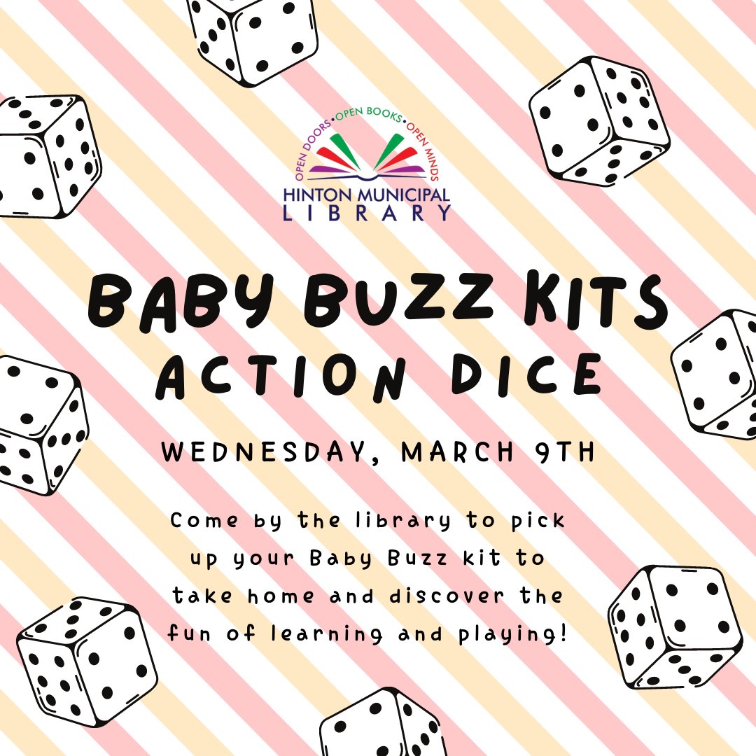 Hop, skip and jump your way to the library to pick up this week's Baby Buzz kit! Practice reading and large &amp; fine motor movement with Action Dice!