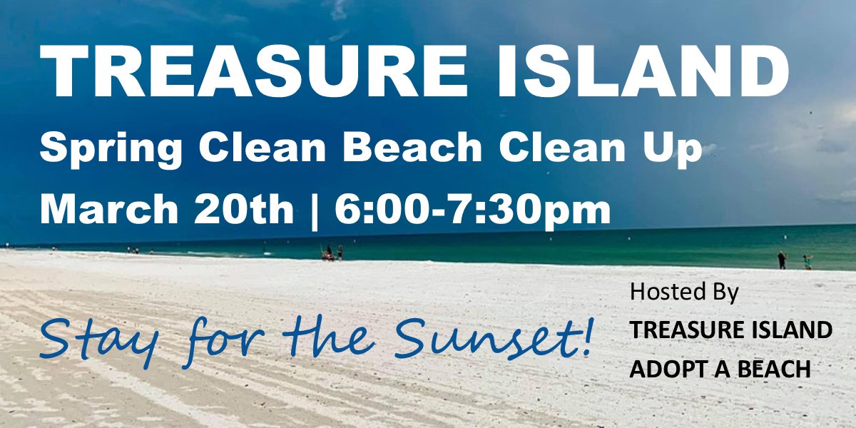 TIMBChamber's tweet photo. It's the first day of Spring! Let's Clean the Beach and Stay for Sunset!
Volunteers will cover the entire length of Treasure Island Beach. FREE PARKING PASSES and Supplies.

#beachclean #treasureisland #tichamber #savetheearth @treasureislandadoptabeach https://t.co/GYoqJlVwNh