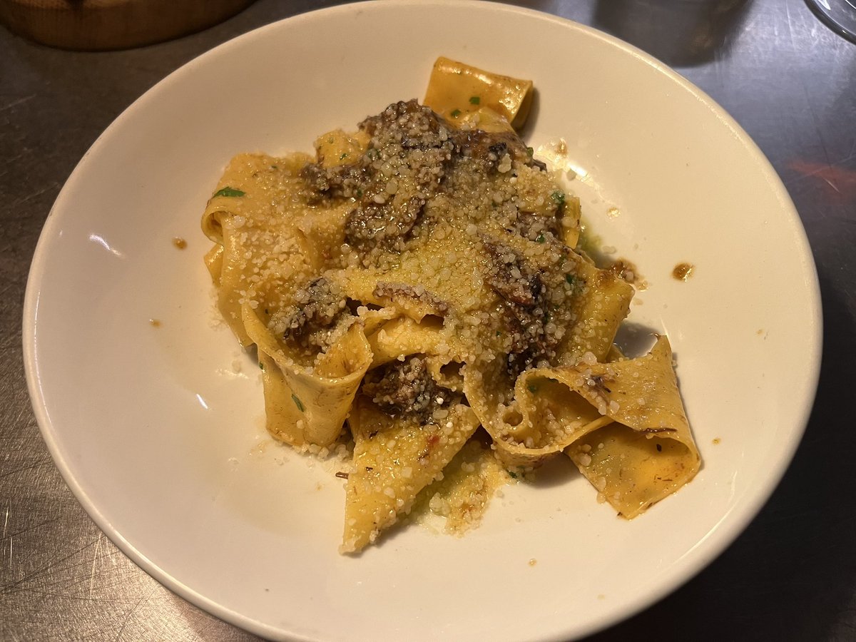 DowneyJD's tweet photo. Cracking dinner at a buzzing Manteca in Shoreditch last night. We sat at the kitchen counter and enjoyed the full energy and brilliance of the place. We ate everything but I only got pics of the crudo, the pappardelle and the soon-to-be-famous brown crab cacio pepe tonnarelli. 🦀 https://t.co/hFnOoWxQTw