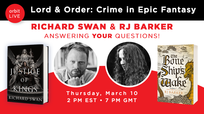 orbitbooks's tweet photo. Don't miss this #OrbitLIVE event TOMORROW March 10 at 2pm EST / 7pm GMT! Join authors @Richard_S_Swan and @dedbutdrmng as they discuss crime in epic fantasy. They'll also be taking your questions throughout the event! Register here: https://t.co/vZl2WId3Z1 https://t.co/vB93RjWSJA