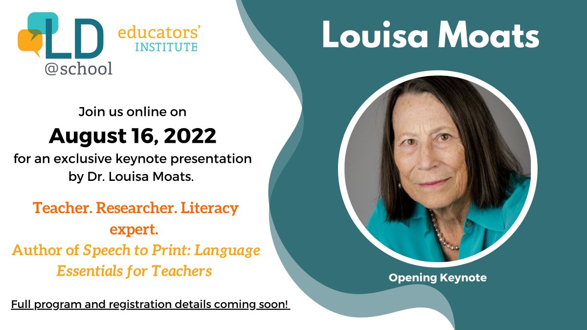 Get out your calendars and save the date for this year's #LDInstitute! 

Our annual conference will again be virtual and our keynote is the teacher, researcher, and literacy expert <a href="/LouisaMoats/">Louisa Moats</a> 

Stay tuned for more info about registration and the program!