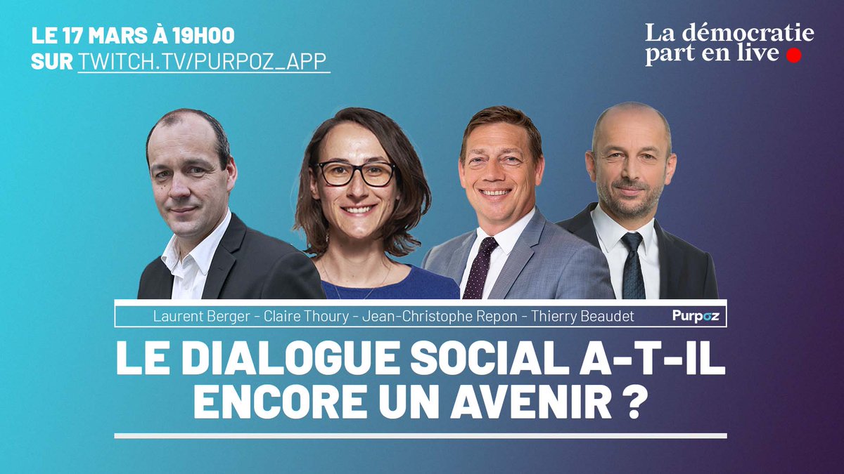 .<a href="/TiBoDernoncourt/">TiBo</a> vous donne RDV mercredi 17/03 dans la démocratie part en live 🔴pour un nouveau débat avec @CfdtBerger, <a href="/clairethoury/">Claire Thoury</a>, <a href="/ThierryBeaudet/">Thierry Beaudet</a> et Jean-Christophe Repon !

Participez au débat avant le live sur : purpoz.com/ldpl-debat-2

📺 : twitch.tv/purpoz_app
#LDPL