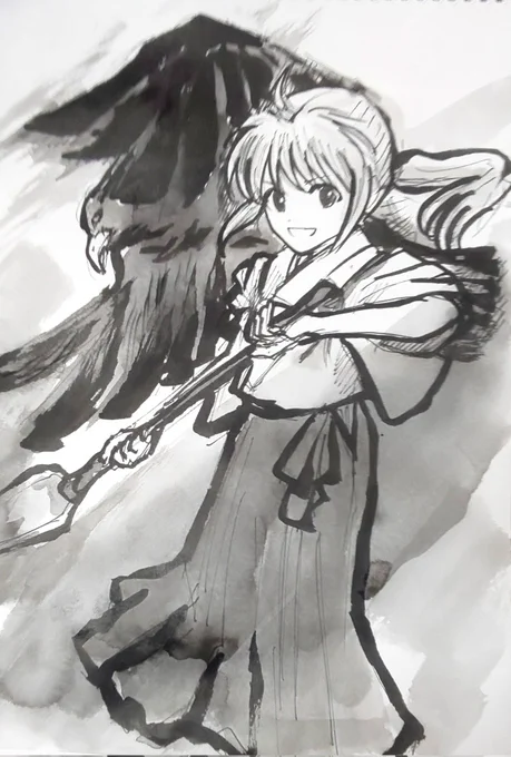 漫画の作業は今日も進んで、ペン入れを始めました 自分の描き方はアナログが基準になっているので、たまに感覚の調整が必要な感じがします  という事で、画像はアナログの墨絵落書き 筆の線はやはり気持ち良いです  #和清の雑画帳