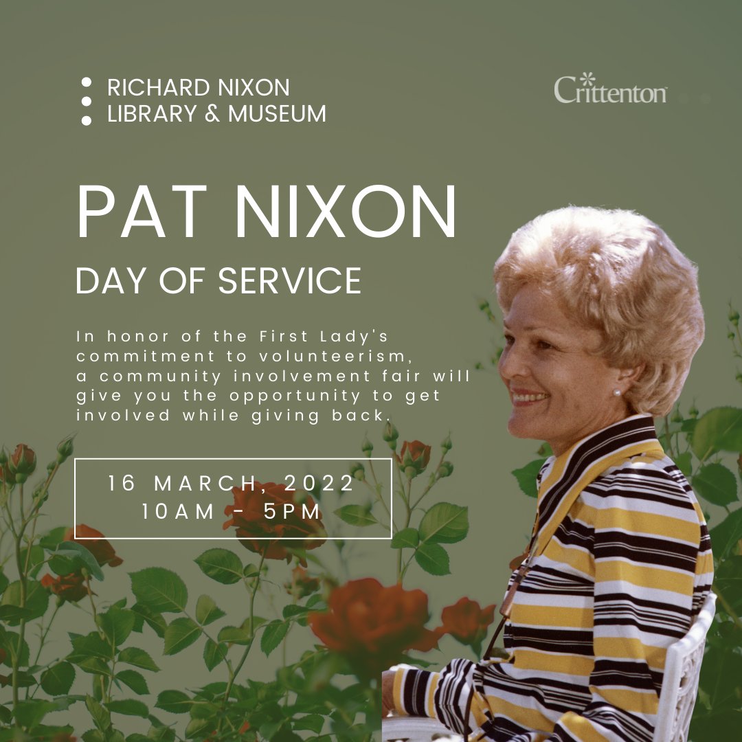 CrittentonSoCal's tweet photo. Did you know #PatNixon had a connection with the National Crittenton mission as a volunteer? Join us and other nonprofits in celebrating her 110th birthday and legacy next Wednesday at the @nixonfoundation. Free Admission all day! #CommunityServiceMonth https://t.co/L5c4vfoSuL