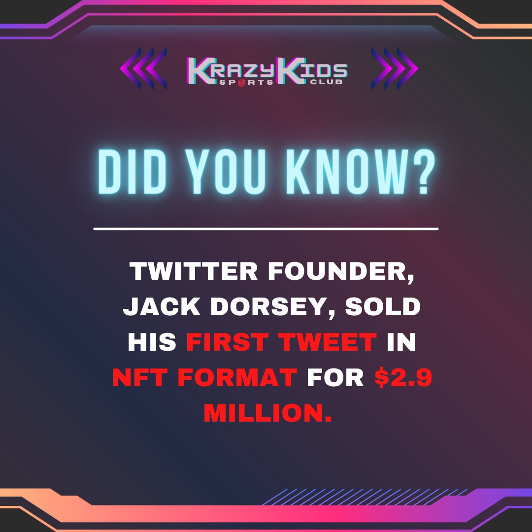 Described as the Mona Lisa of tweets, Mr. Dorsey was able to get such a high price because of his reputation in Twitter and NFTs in general. The tweet read, “just setting up my twttr,” putting the price at $100,000 per character. 
#KrazyKidSportsClubNFT #KKSCTrivia #SolanaNFTs