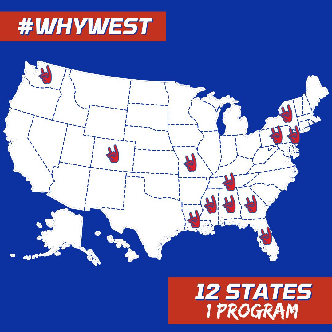 UWGCheer's tweet photo. It’s time for another #WhyWest Wednesday! Something special about our program is that our athletes are from all over the country! One perk of UWG cheer is that we offer in-state tuition waivers, another great reason to #GoWest! Apply for 𝘍𝘙𝘌𝘌  this month! ❤️💙🐺 https://t.co/nUDYZTQUfD