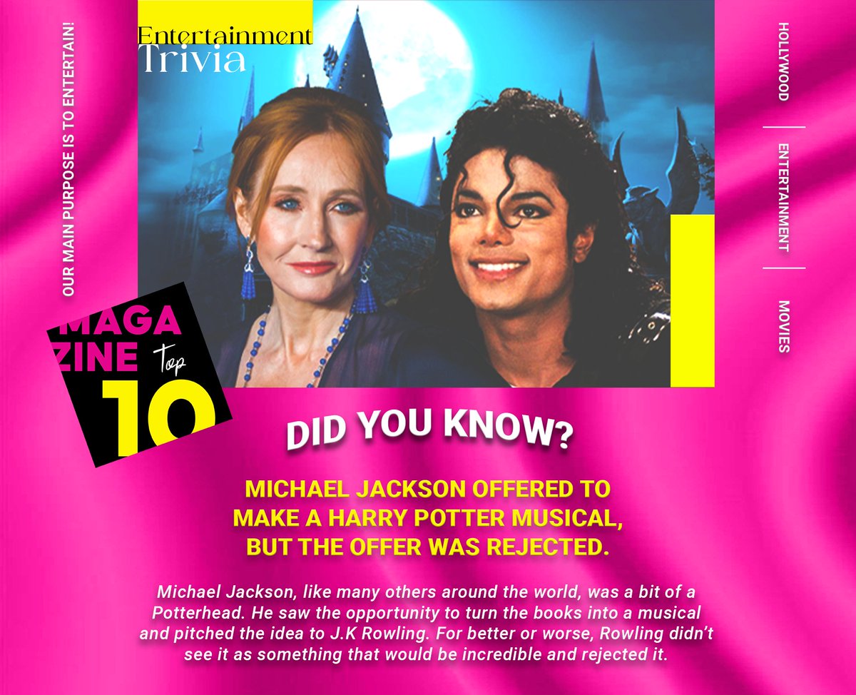 TopTen_Magazine's tweet photo. In an interview with Oprah Winfrey, Rowling defended her decision, saying she “turned down many adaption opportunities, and Michael Jackson’s just so happened to be one of them.”
#ToptenMagazine #Entertainment #Trivia #MichaelJackson #HarryPotter #Musical #JKRowling #Rejected https://t.co/9fvZGeC6Il