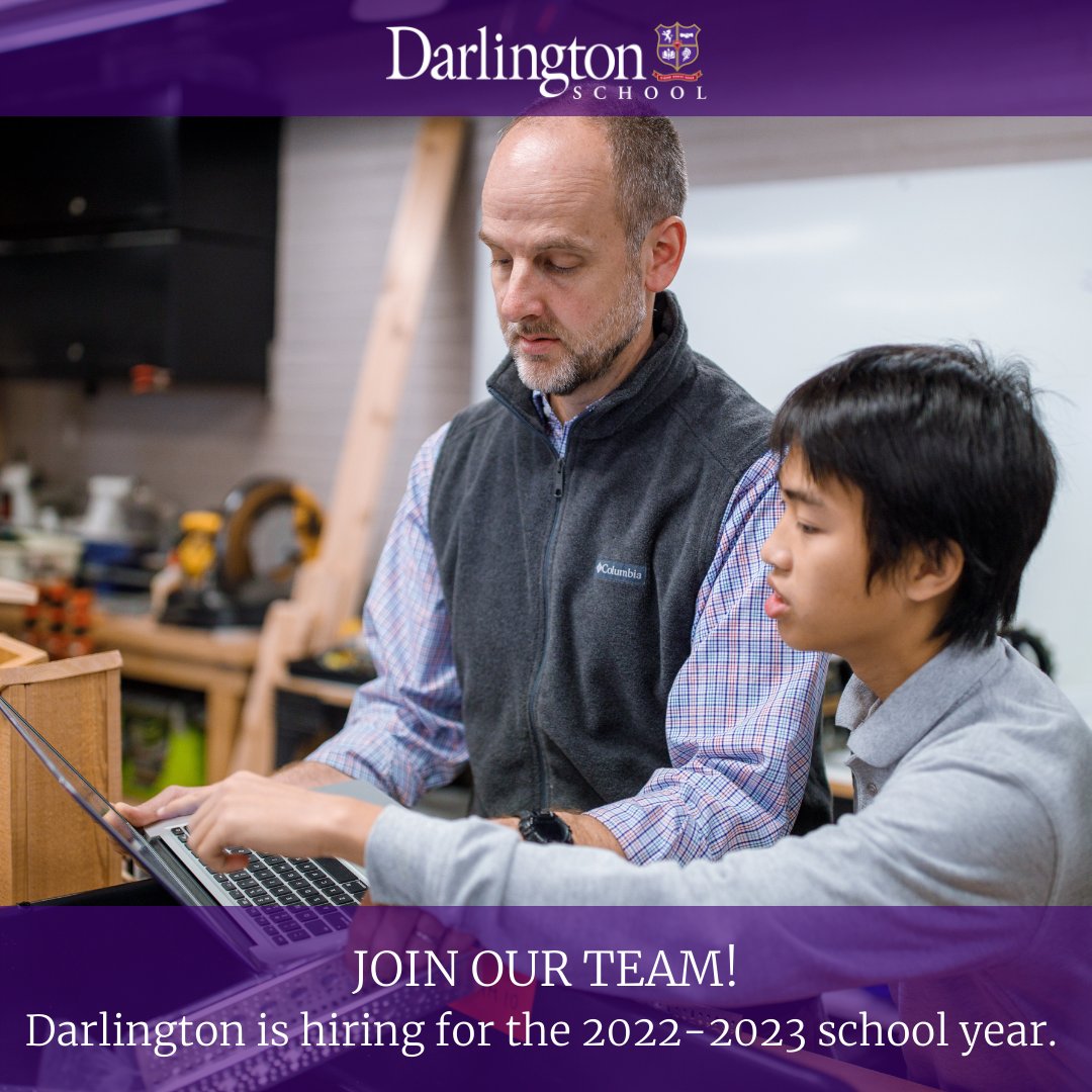 DarlingtonTiger's tweet photo. Darlington School is hiring several positions for 2022-2023! See the complete list of openings at https://t.co/xK8319ppvQ and feel free to share with qualified candidates. https://t.co/DGDPt1Jsx6