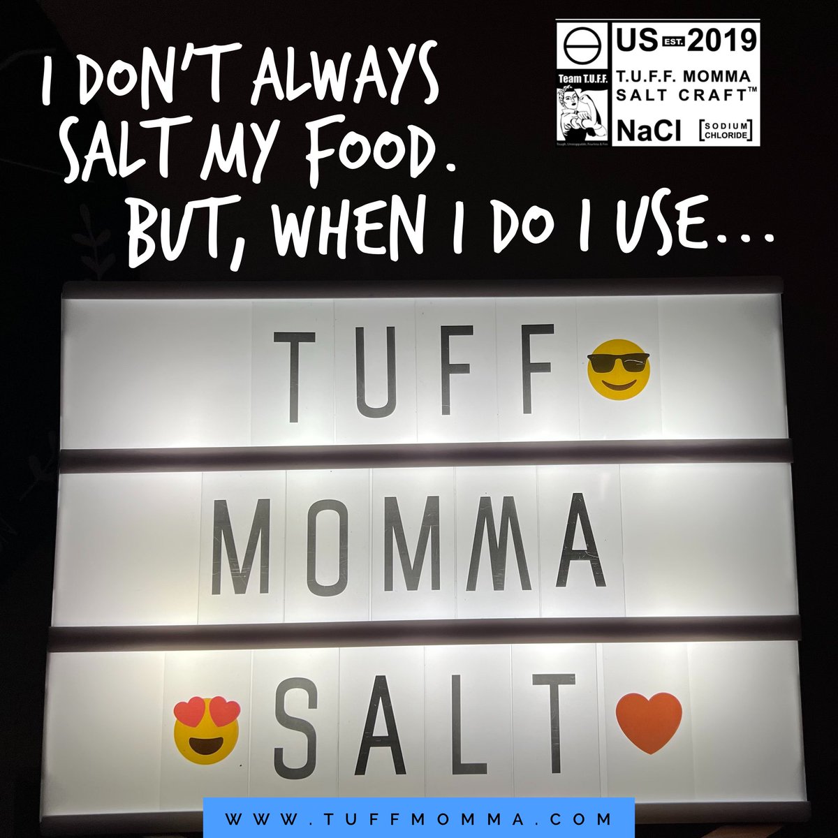 TUFFTeamate's tweet photo. I don’t always salt my food. But, when I do, I use T.U.F.F. Momma Salt. 😄💗💪

#seasonings #gourmetsalt #culinarylife #salt #tuffmomma #seasalt #foodie #saltcraft https://t.co/M32ZsnkC5F