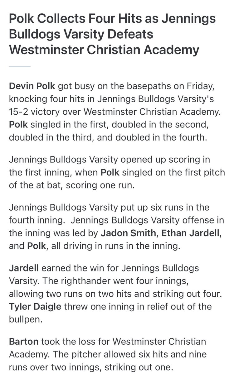 DevinPolk14's tweet photo. .583 avg after first 8 games. 8 2B / 6 1B / 6RBI / 7 R
@FlatgroundBats @PBR_Louisiana https://t.co/LKl7EYwz6o