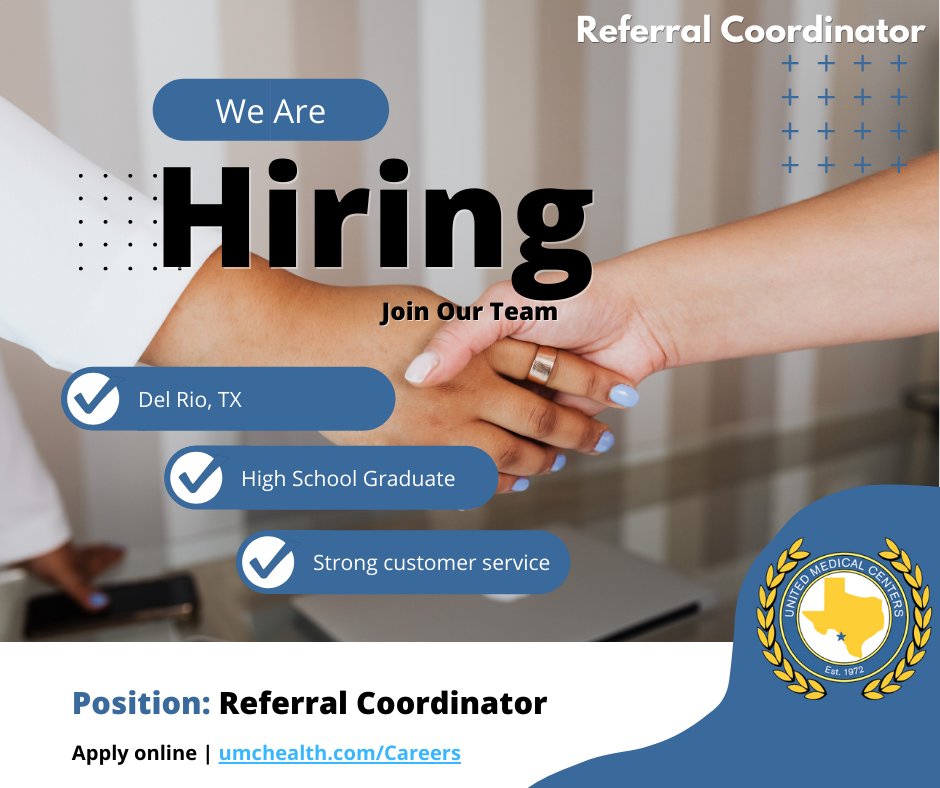 umchealth's tweet photo. UMC is hiring a Referral Coordinator! Join our Del Rio Team! We offer an excellent benefits package such as Medical, Dental, Life, Paid Vacation, Sick Leave, Paid Holidays, 403b Matching, plus so much more. Apply online today at https://t.co/PWwNsz7ibu. https://t.co/RYnye7w2Dd