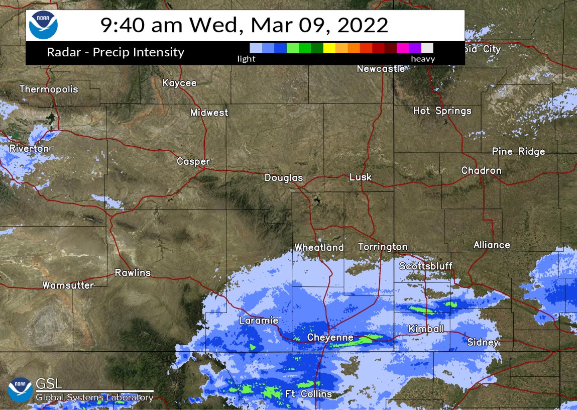 NWSCheyenne's tweet photo. 940 AM 3/9 Radar Update! Light to moderate snow is continuing across southeast Wyoming and the Nebraska panhandle with the bands of heavier snow in green. The snow should finally end everywhere by around midnight tonight. Stay tuned for updates! #WYwx #NEwx #WYOroad #NEroad https://t.co/CavuGJ9l3b