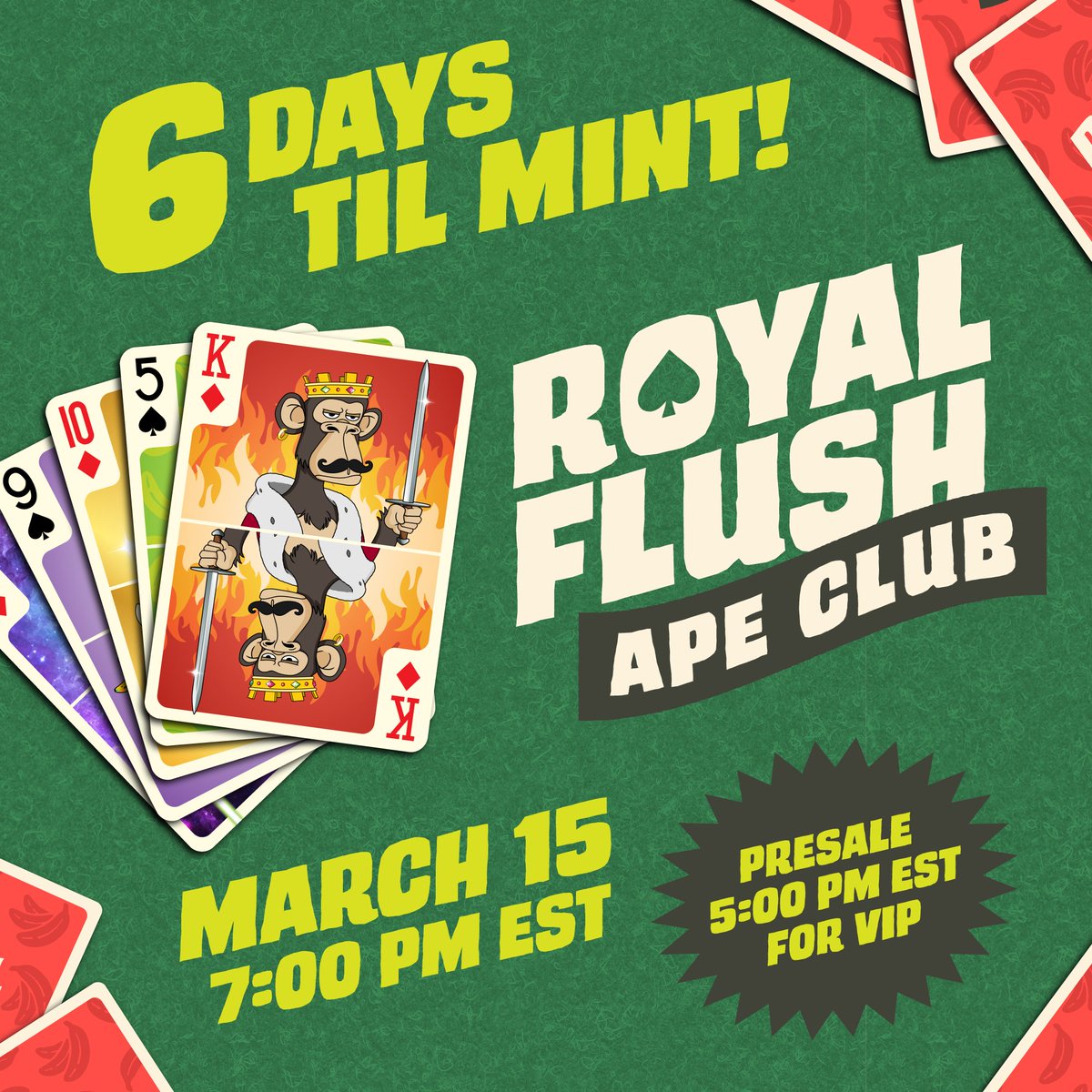 RoyalFlushApeC's tweet photo. Did we mention they're free? First 1,111 free to mint!
#NFT #NFTs #NFTCommunity #NFTCollection #Apes #Whitelist #FreeMint https://t.co/cja8sbpepA