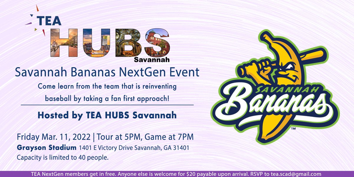 Take me out to the ball game, take me out to the crowd ⚾! Join the TEA HUBS Savannah crowd for the Savannah Bananas Baseball Game on 3/11. TEA NextGen members get in free &amp; others are welcome to attend for $20. To RSVP email tea.scad@gmail.com

#TEANextGen
