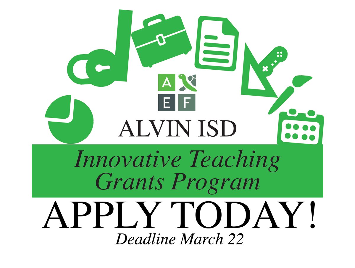 AlvinISD_EdFdn's tweet photo. The 2022 @AlvinISD_EdFdn Innovative Teaching Grant application is OPEN! For info &amp; the application: https://t.co/f60Qho9zQF
DUE March 22, 2022 by 4:00pm 
APPLY NOW! Let's make your great idea a reality in your classroom! @AlvinISD #grantsinaction https://t.co/qbNpUze6Ny