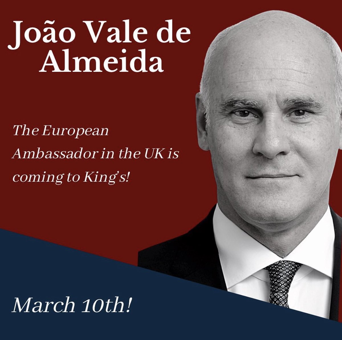KCLPolSoc's tweet photo. We are glad to announce that tomorrow we will be joined by EU Ambassador to the UK @ValedeAlmeidaEU at King’s! We will be discussing the role of the EU delegation as well as further questions of International Relations and Diplomacy 🇪🇺 At 6pm, K-1.56 at King’s Building! 🤩 https://t.co/cZ1e92Toqr