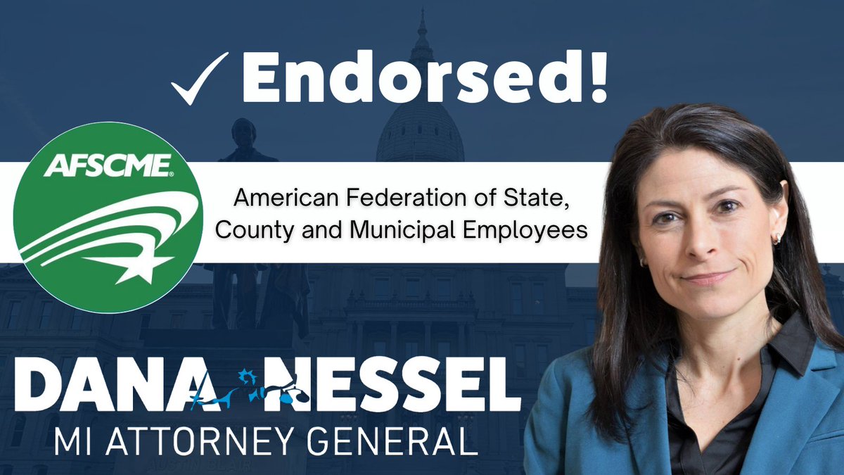 Dana Nessel (@dananessel) on Twitter photo The People’s Lawyer must serve the interests of all everyday Michiganders, including the Union members who have made Michigan what it is today.
I’m grateful to have the endorsement of <a href="/MichiganAFSCME/">AFSCME Council 25</a>, the Union representing thousands of public service workers across the state. The People’s Lawyer must serve the interests of all everyday Michiganders, including the Union members who have made Michigan what it is today.
I’m grateful to have the endorsement of <a href="/MichiganAFSCME/">AFSCME Council 25</a>, the Union representing thousands of public service workers across the state.
