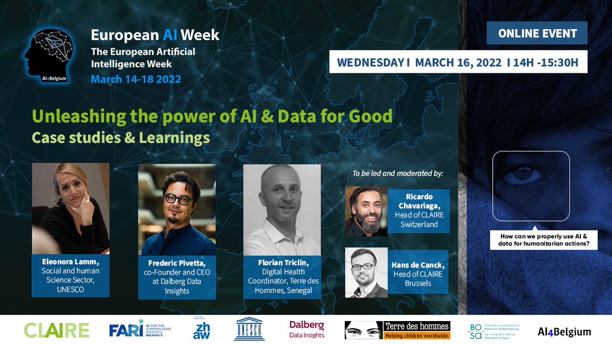 cairne_eu's tweet image. Join us in “Unleashing the power of #AI &amp;amp; Data for Good – case studies &amp;amp; learnings”
🗓️ 16 Mar 2022 at the #EuropeanAIWeek online event
With Florian Triclin, @PivettaFrederic, @elelamm and moderated by @hansdc @r_chavarriaga
👉🏻 Register eventbrite.com/e/274727065047