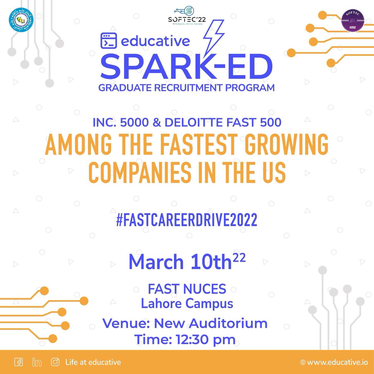 softecfast's tweet image. @EducativeInc is coming to FAST NUCES for their recruitment drive. A great opportunity to interact with one of Pakistan&apos;s biggest tech giants. All fastians! Gather in Syed Rafaqat Auditorium at 12:30 P.M to interact with the professionals from Educative!

#softec2022